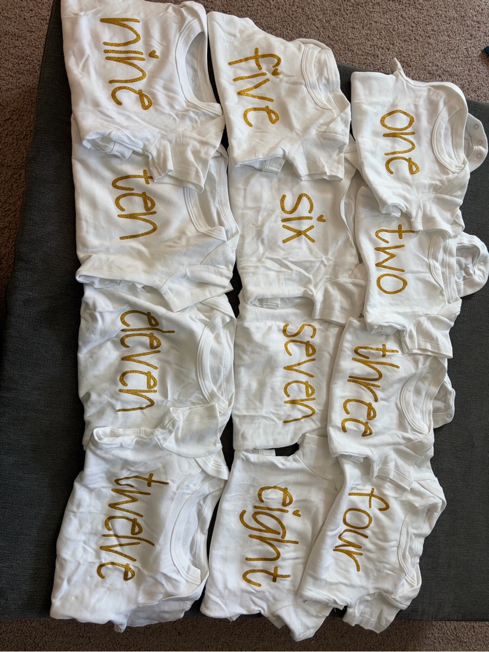 Set of White Baby Onesies with Gold Number Script (1-12) - Milestone Onesies